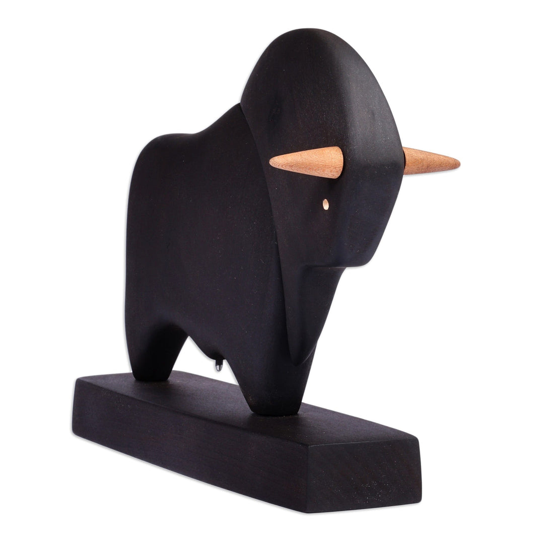 Hand-Carved Black Elm Tree Wood Bull Sculpture with Base - Night Bull