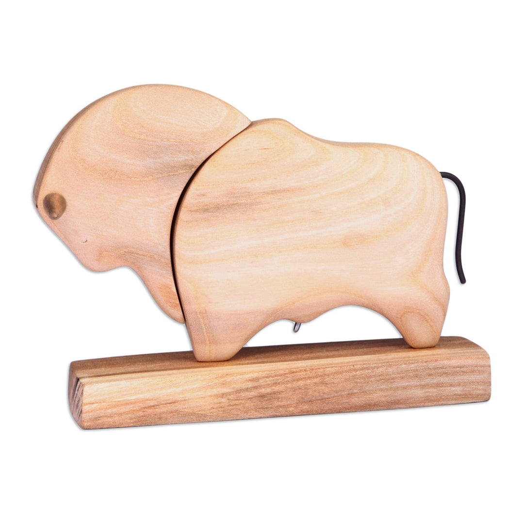 Hand-Carved Linden Wood Bull Sculpture with Base - Natural Bull