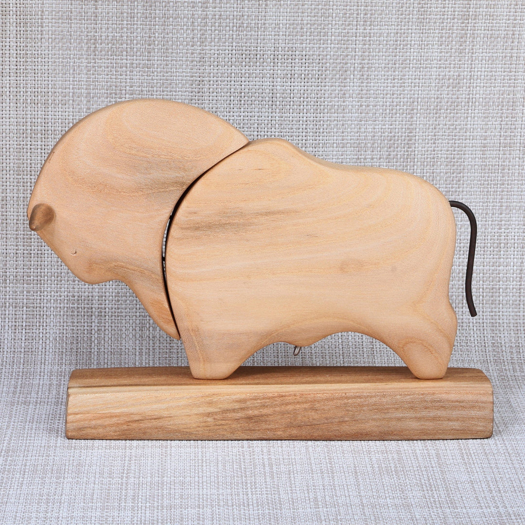 Hand-Carved Linden Wood Bull Sculpture with Base - Natural Bull