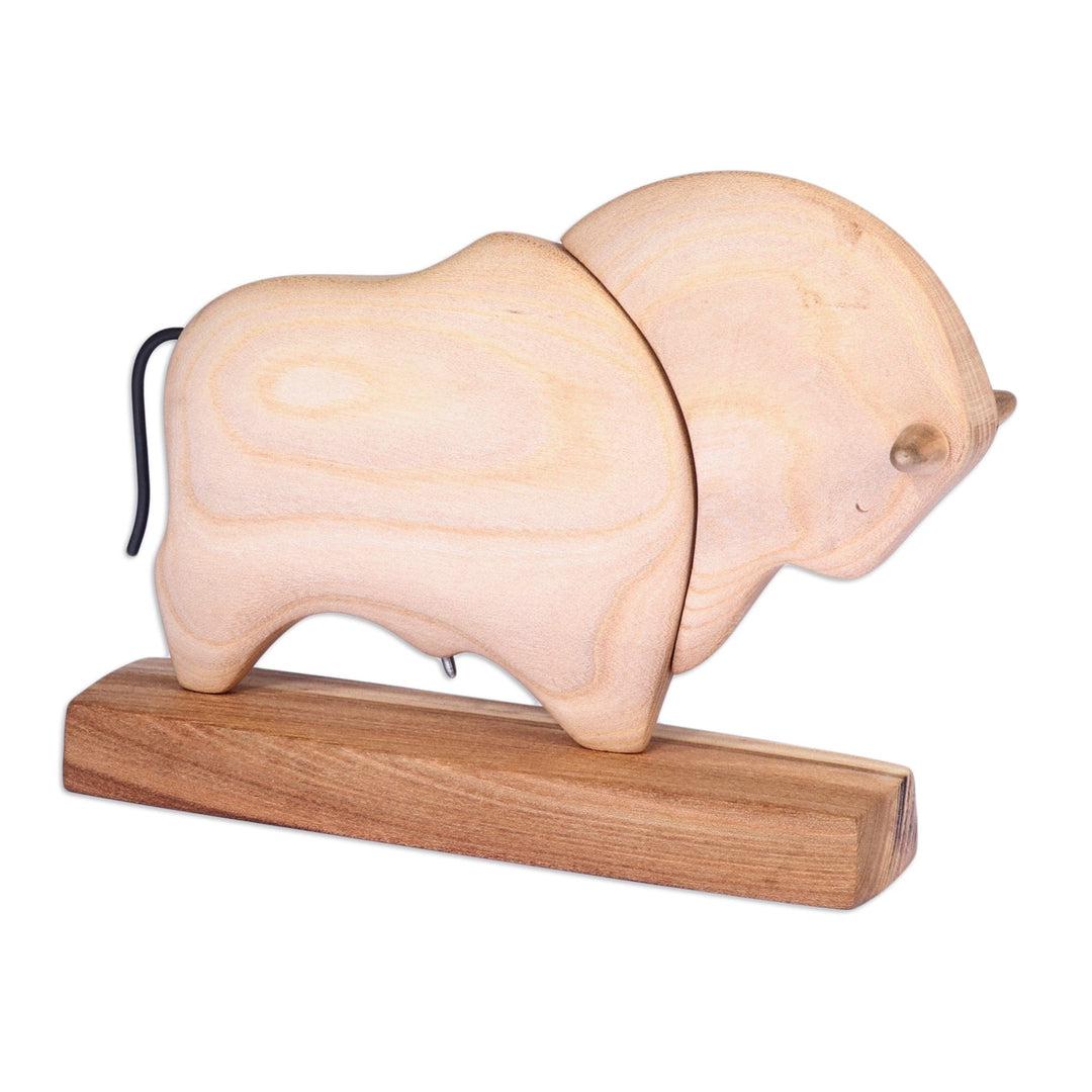 Hand-Carved Linden Wood Bull Sculpture with Base - Natural Bull