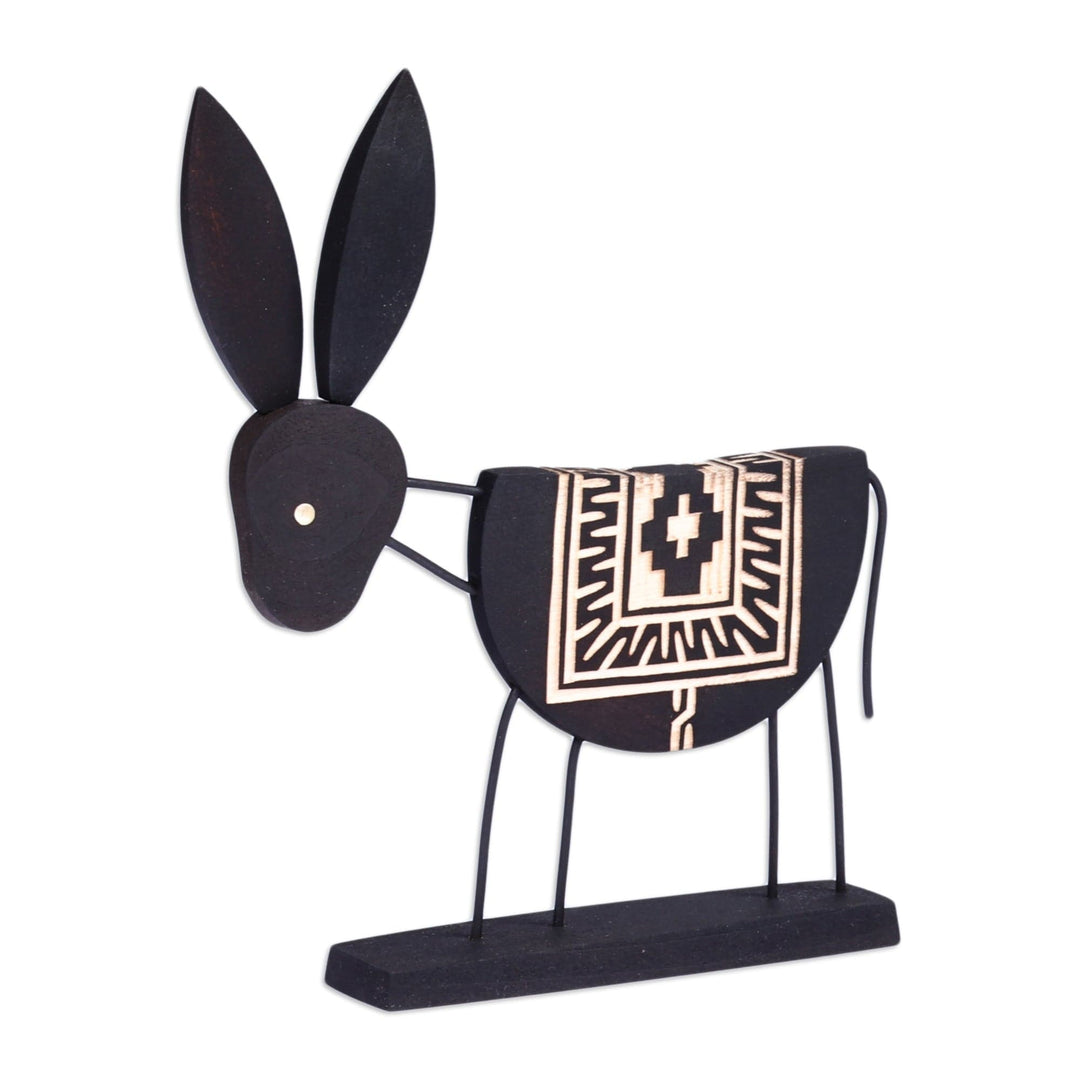 Hand-Carved Black and Brown Elm Tree Wood Donkey Sculpture - Donkey Shadows