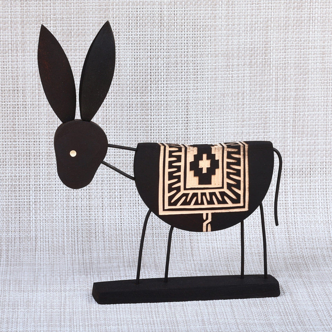 Hand-Carved Black and Brown Elm Tree Wood Donkey Sculpture - Donkey Shadows