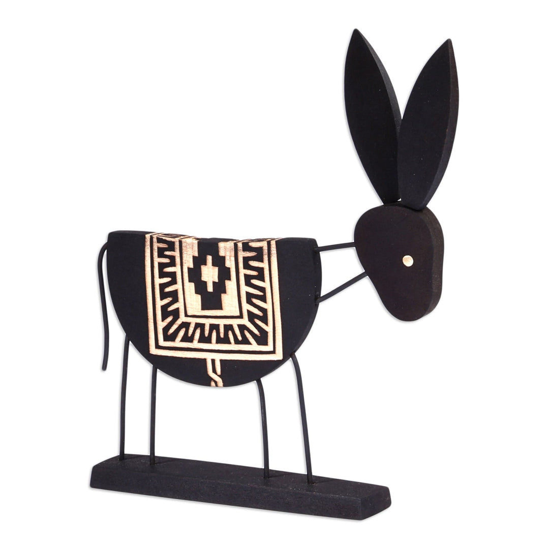 Hand-Carved Black and Brown Elm Tree Wood Donkey Sculpture - Donkey Shadows