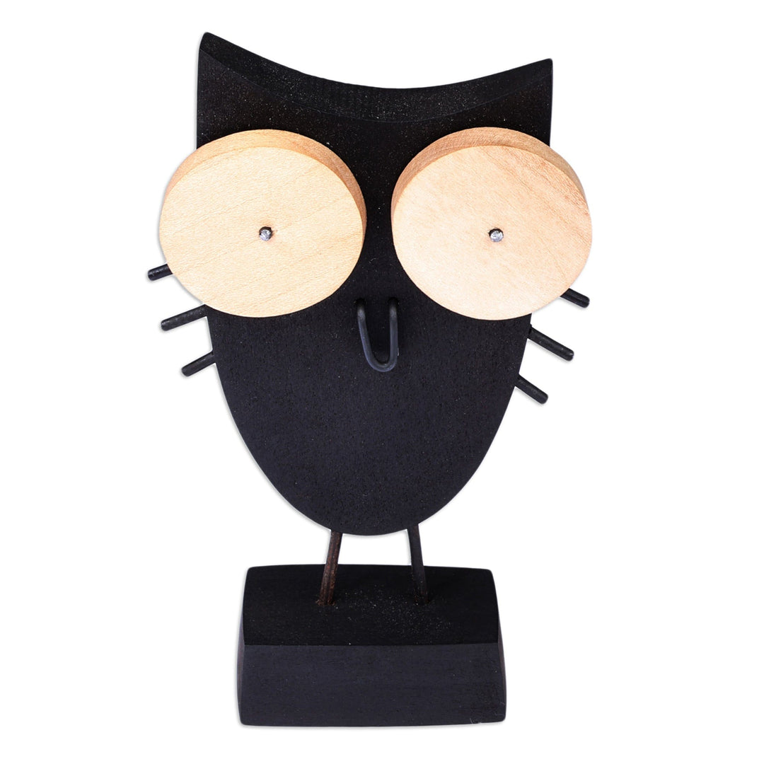 Owl-Themed Tilia Wood and Stainless Steel Sculpture in Black - Big Eyes Owl
