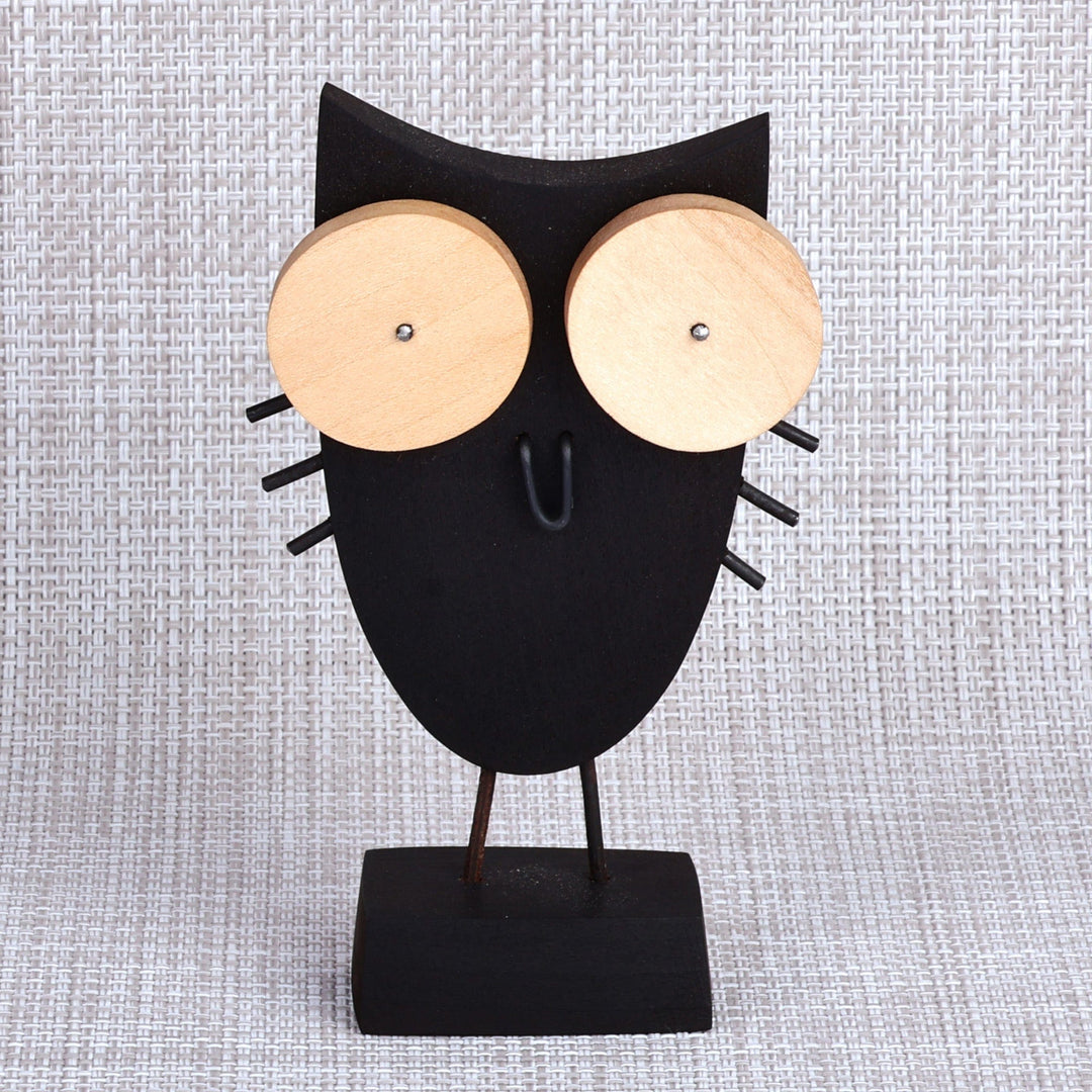 Owl-Themed Tilia Wood and Stainless Steel Sculpture in Black - Big Eyes Owl