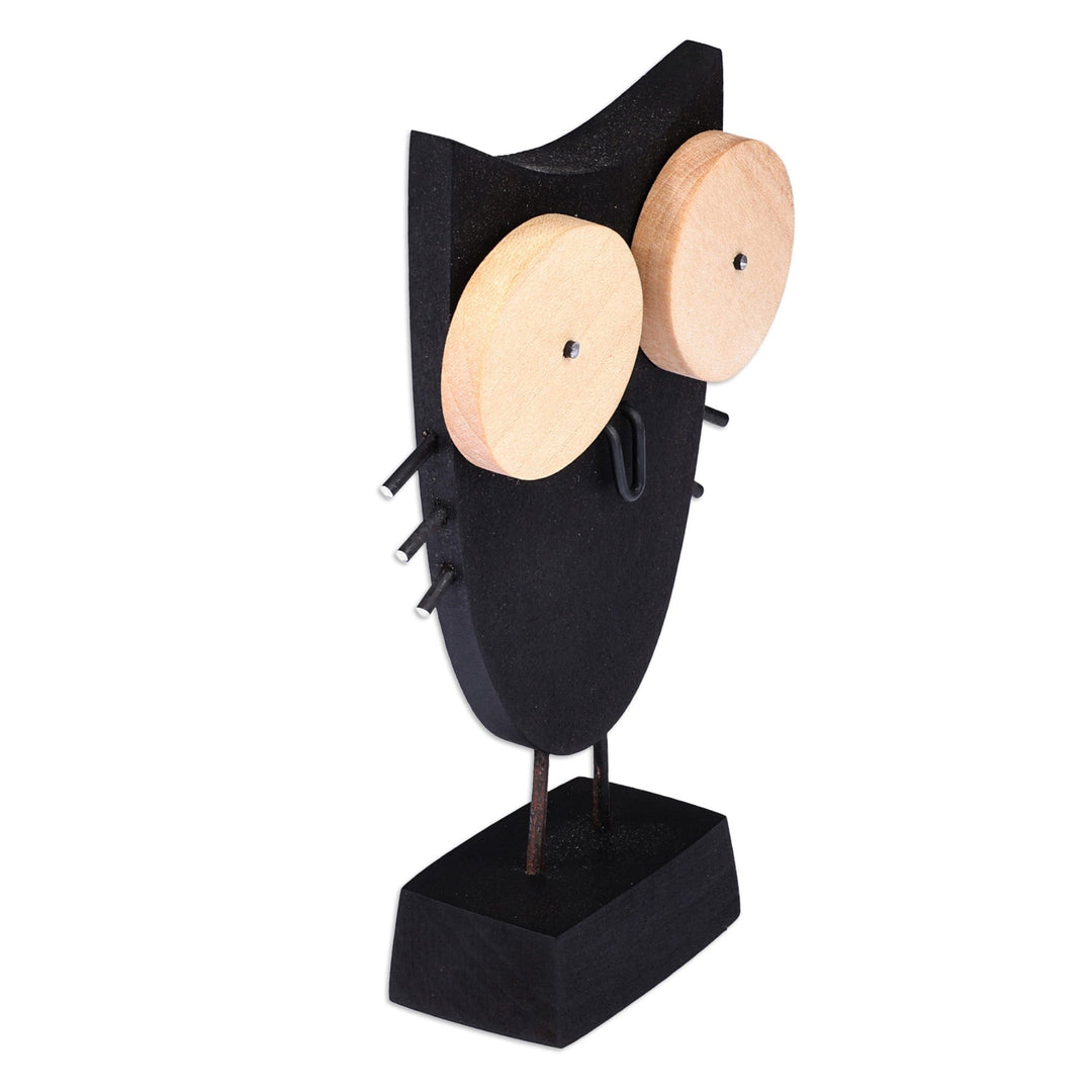 Owl-Themed Tilia Wood and Stainless Steel Sculpture in Black - Big Eyes Owl