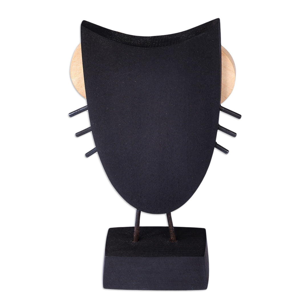 Owl-Themed Tilia Wood and Stainless Steel Sculpture in Black - Big Eyes Owl