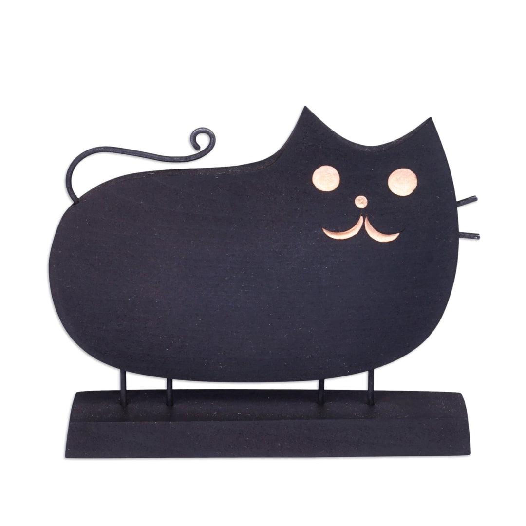 Hand-Painted Wood Cat Sculpture with Stainless Steel Accents - Midnight Cat