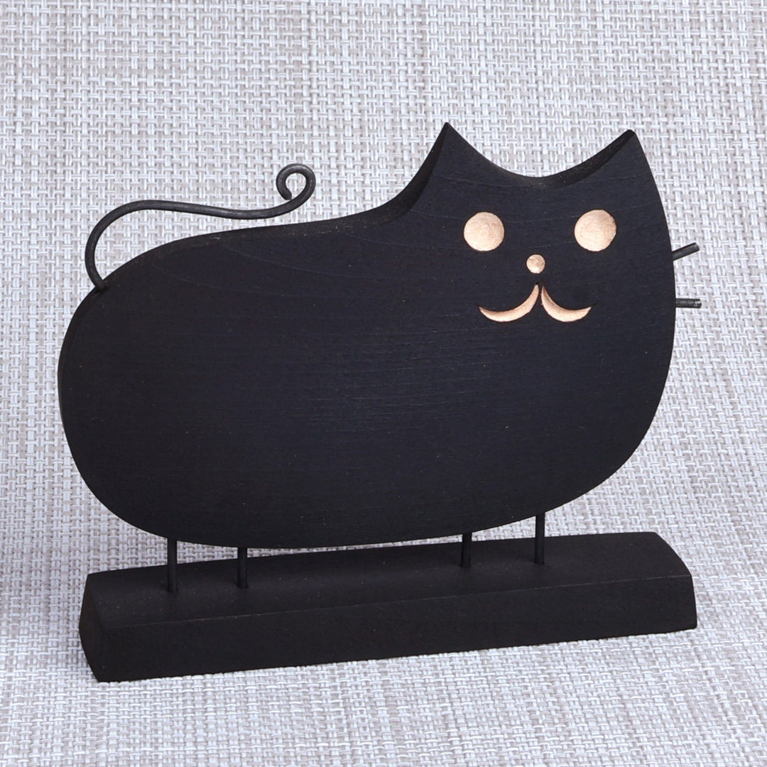 Hand-Painted Wood Cat Sculpture with Stainless Steel Accents - Midnight Cat