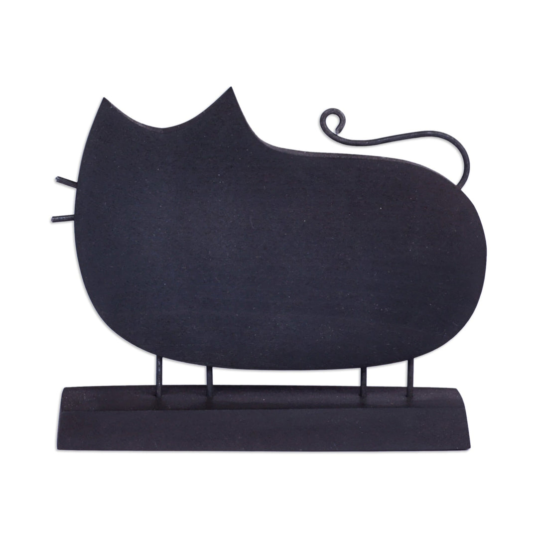 Hand-Painted Wood Cat Sculpture with Stainless Steel Accents - Midnight Cat