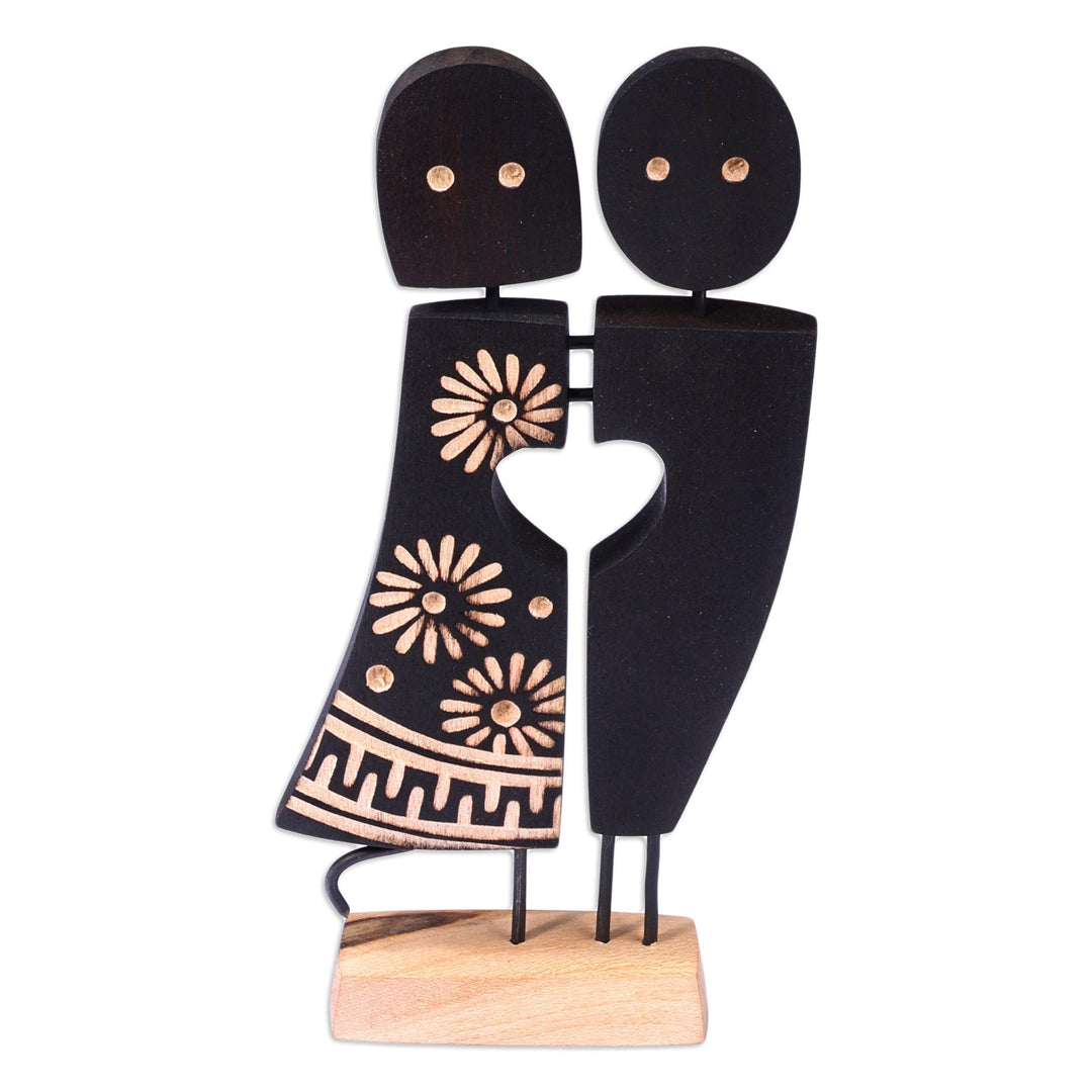 Romantic Tilia Wood and Stainless Steel Sculpture in Black - Heartfelt Reunion