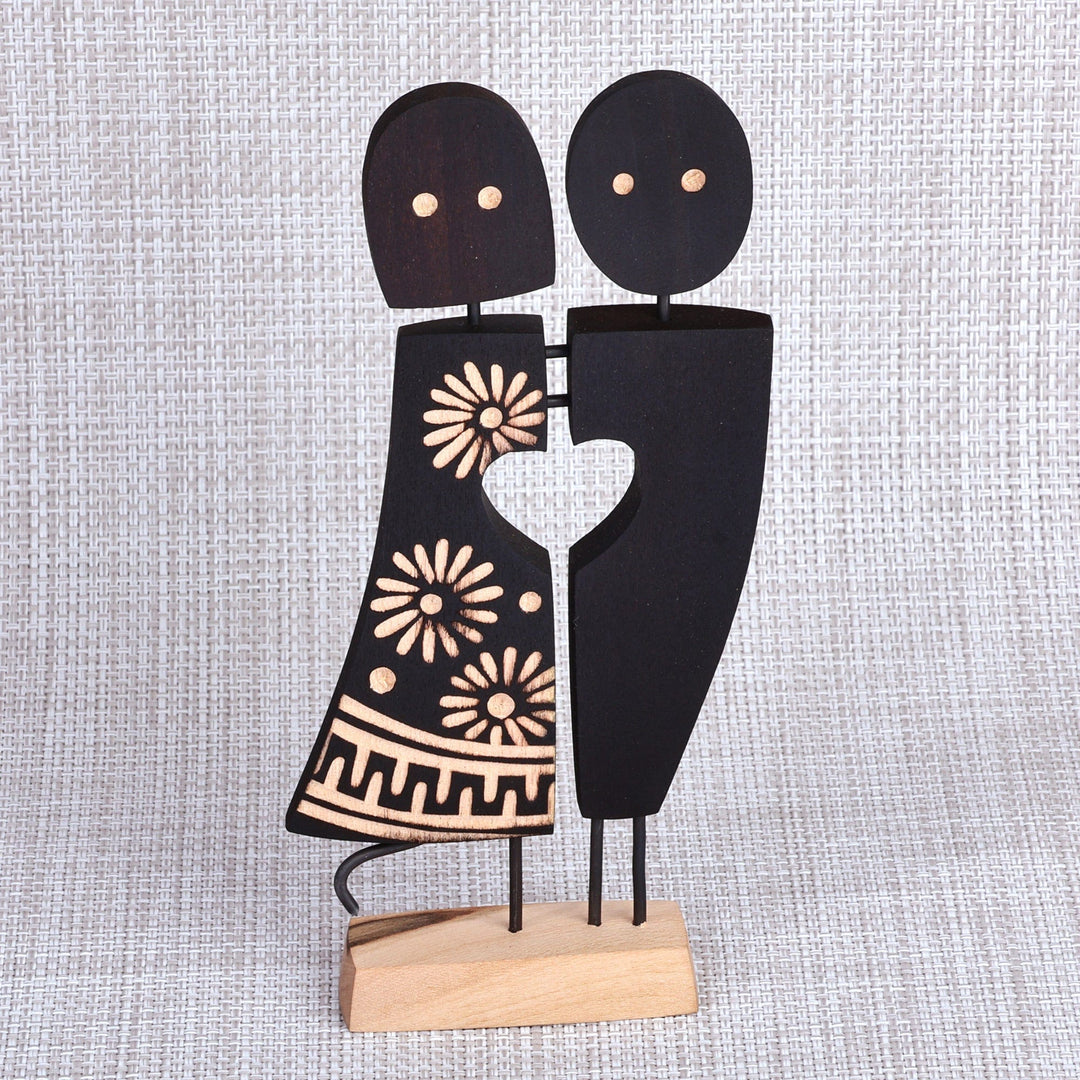 Romantic Tilia Wood and Stainless Steel Sculpture in Black - Heartfelt Reunion