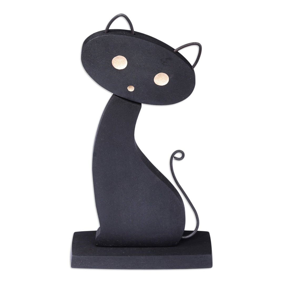 Handcrafted Tilia Wood and Stainless Steel Cat Sculpture - Miss Cat