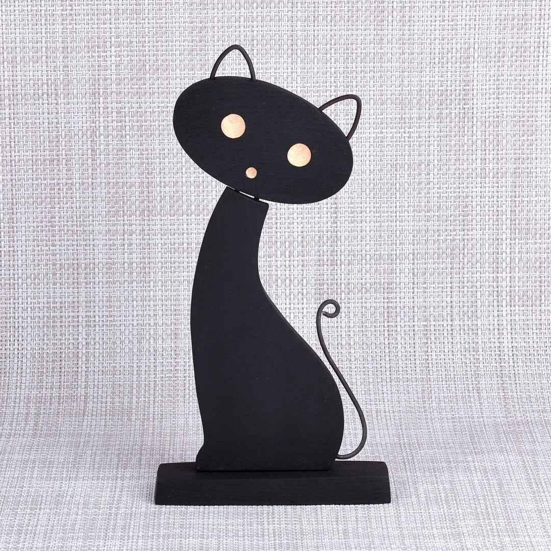 Handcrafted Tilia Wood and Stainless Steel Cat Sculpture - Miss Cat