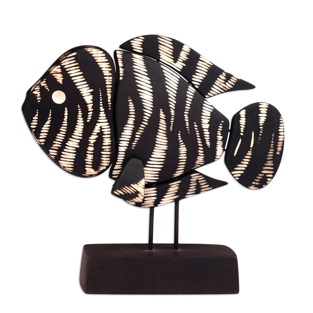 Hand-Painted Wood Fish Sculpture with Stainless Steel Posts - Black and White Fish
