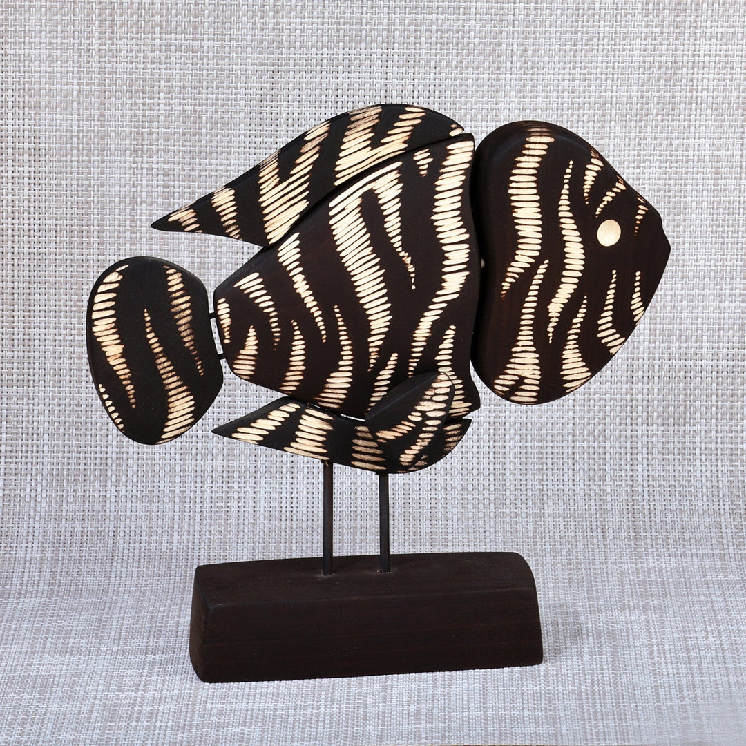 Hand-Painted Wood Fish Sculpture with Stainless Steel Posts - Black and White Fish
