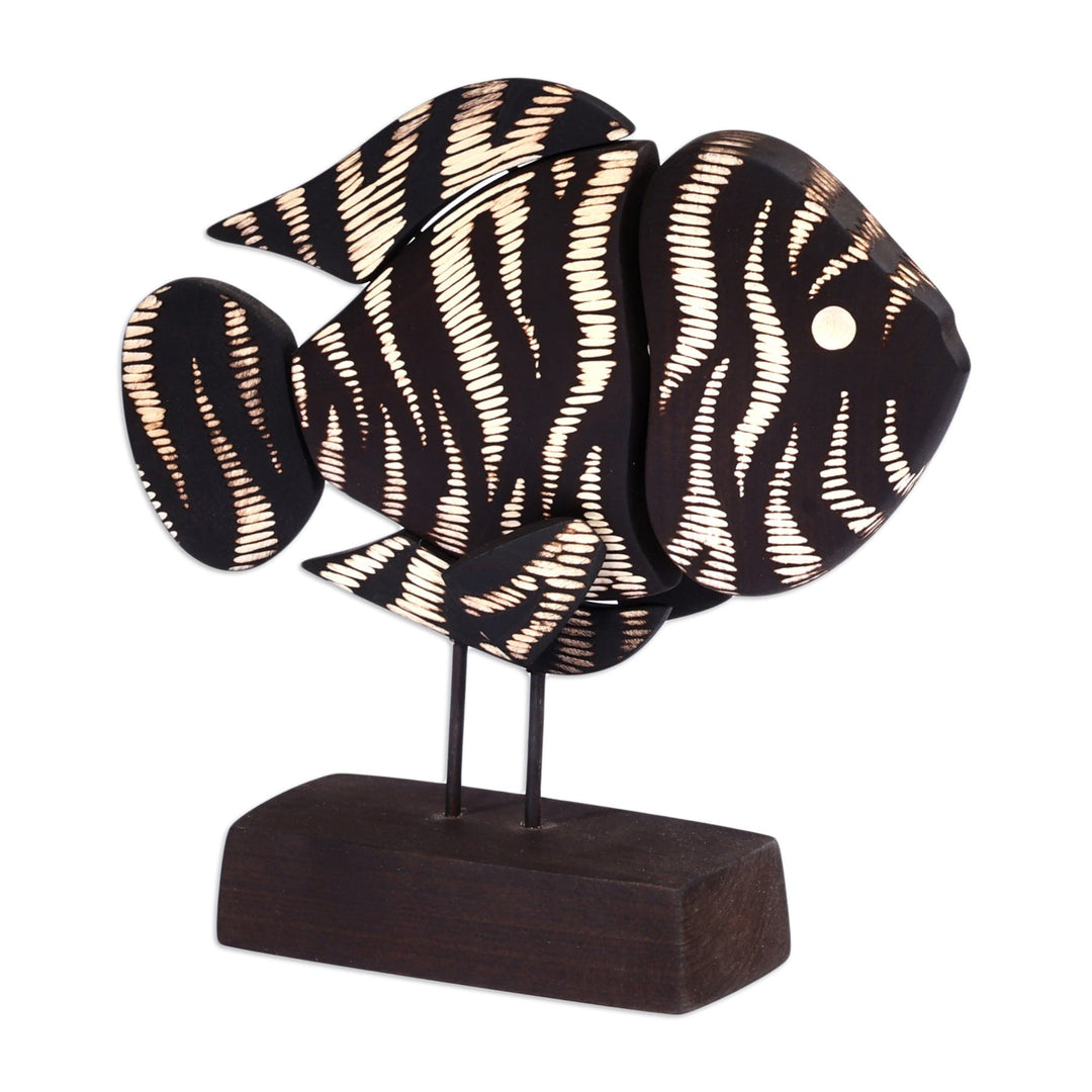 Hand-Painted Wood Fish Sculpture with Stainless Steel Posts - Black and White Fish