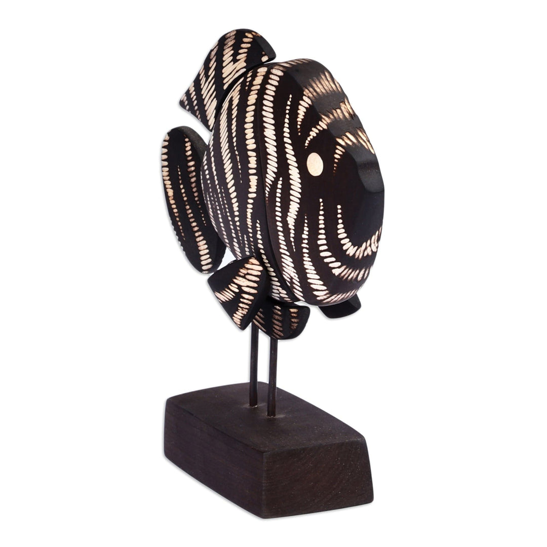 Hand-Painted Wood Fish Sculpture with Stainless Steel Posts - Black and White Fish