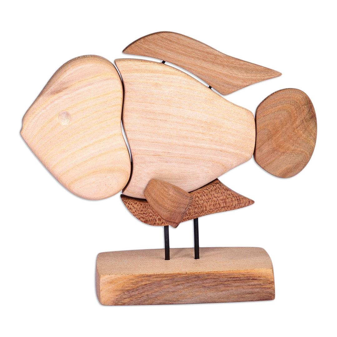 Hand-Carved Fish-Themed Linden Wood Sculpture in Natural Hue - Natural Fish