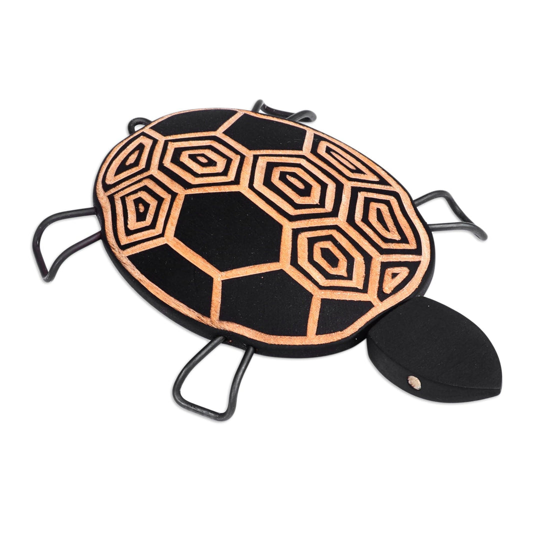 Hand-Painted Wood Turtle Sculpture with Stainless Steel Legs - Spiral Turtle