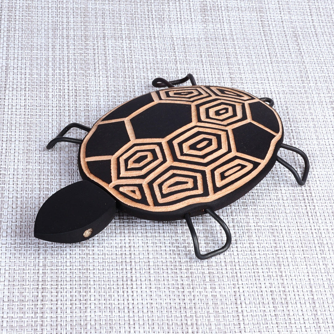 Hand-Painted Wood Turtle Sculpture with Stainless Steel Legs - Spiral Turtle