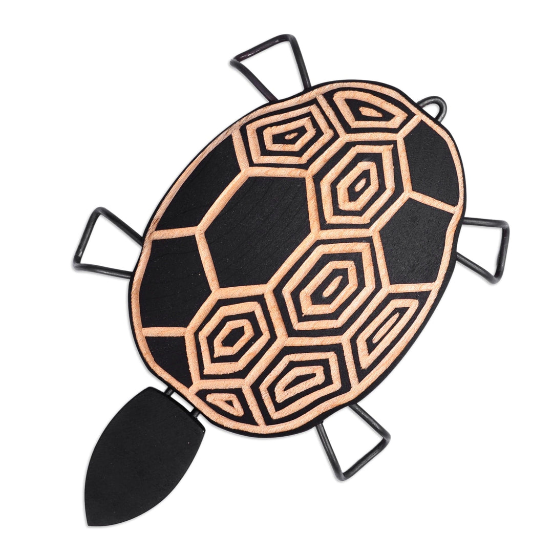 Hand-Painted Wood Turtle Sculpture with Stainless Steel Legs - Spiral Turtle