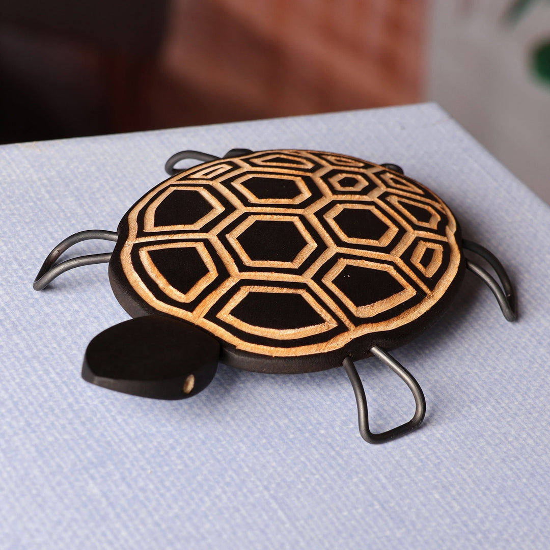 Hand-Painted Wood Turtle Sculpture with Geometric Motifs - Geometric Turtle