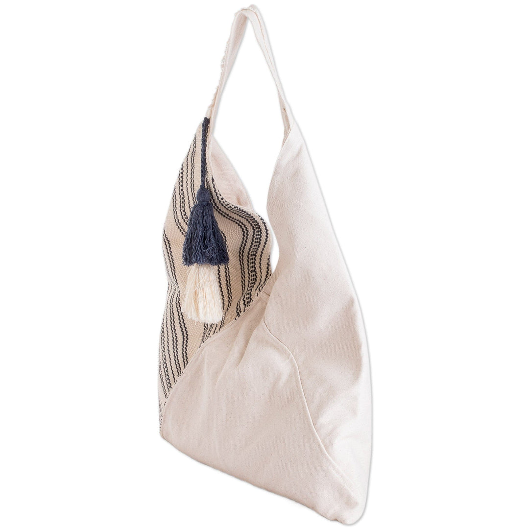 Handcrafted Eco-Friendly Ivory and Azure Cotton Shopping Bag - Natural Lines