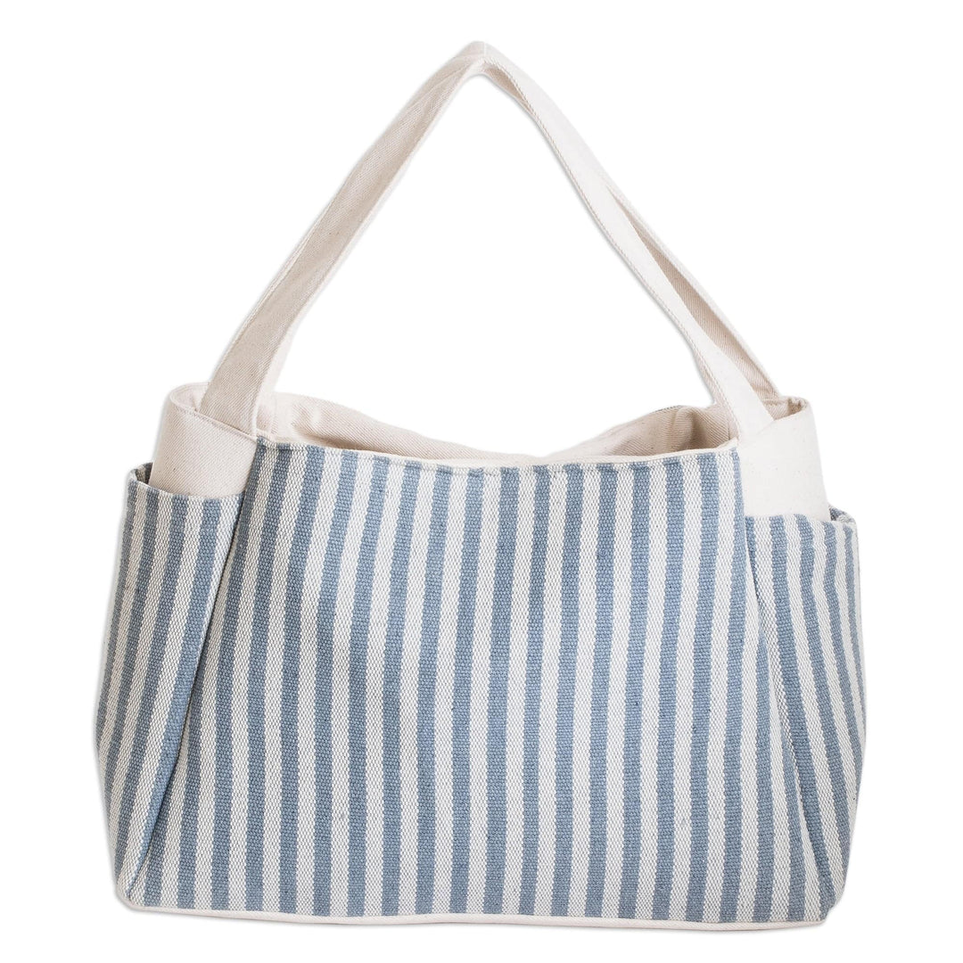 Handcrafted Azure and Alabaster Striped Cotton Handle Bag - Blue Versatility