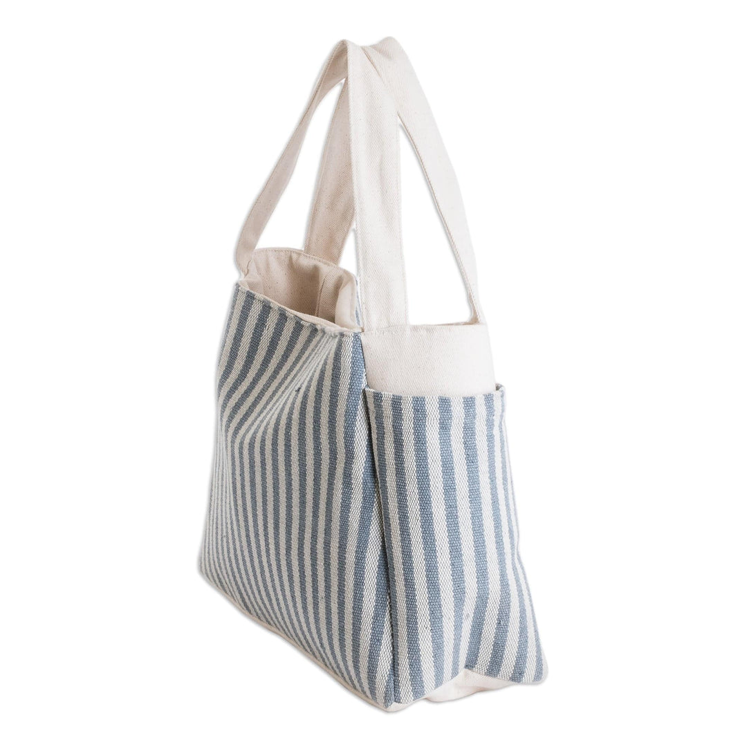 Handcrafted Azure and Alabaster Striped Cotton Handle Bag - Blue Versatility
