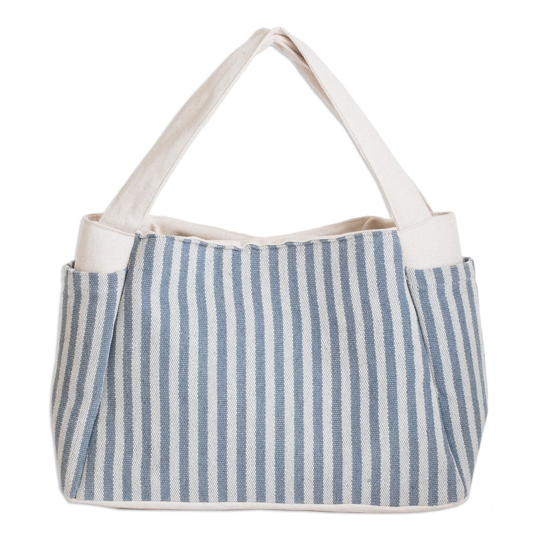 Handcrafted Azure and Alabaster Striped Cotton Handle Bag - Blue Versatility
