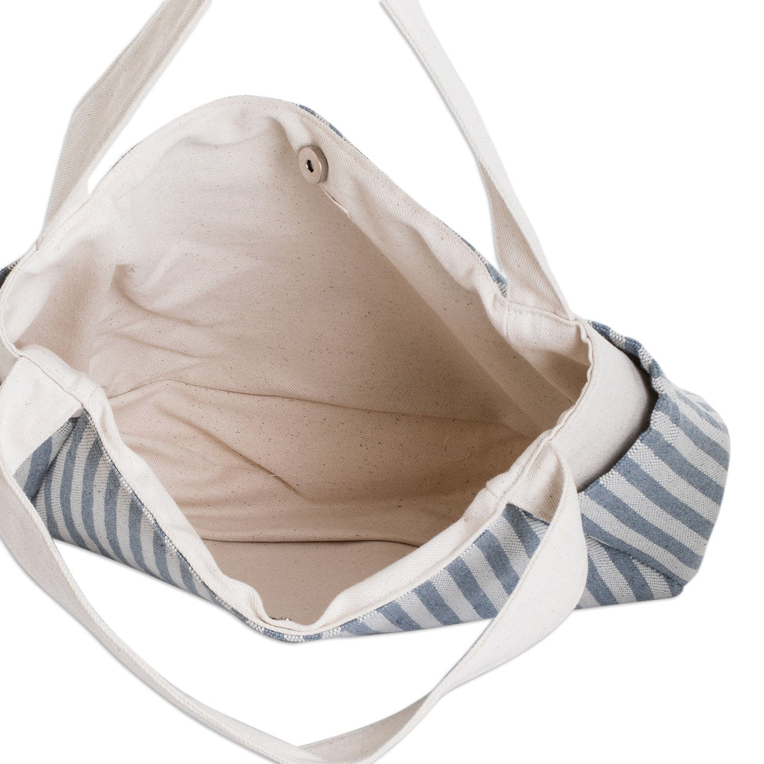 Handcrafted Azure and Alabaster Striped Cotton Handle Bag - Blue Versatility