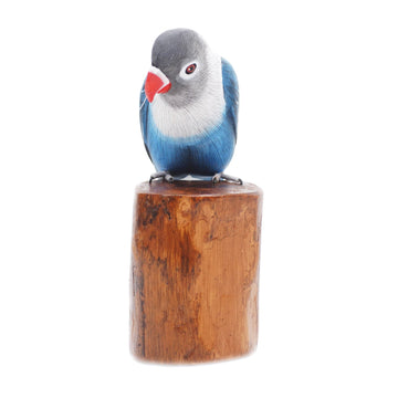 Handcrafted Suar Wood Blue Bird Sculpture with Wooden Base - Blue Lovebird