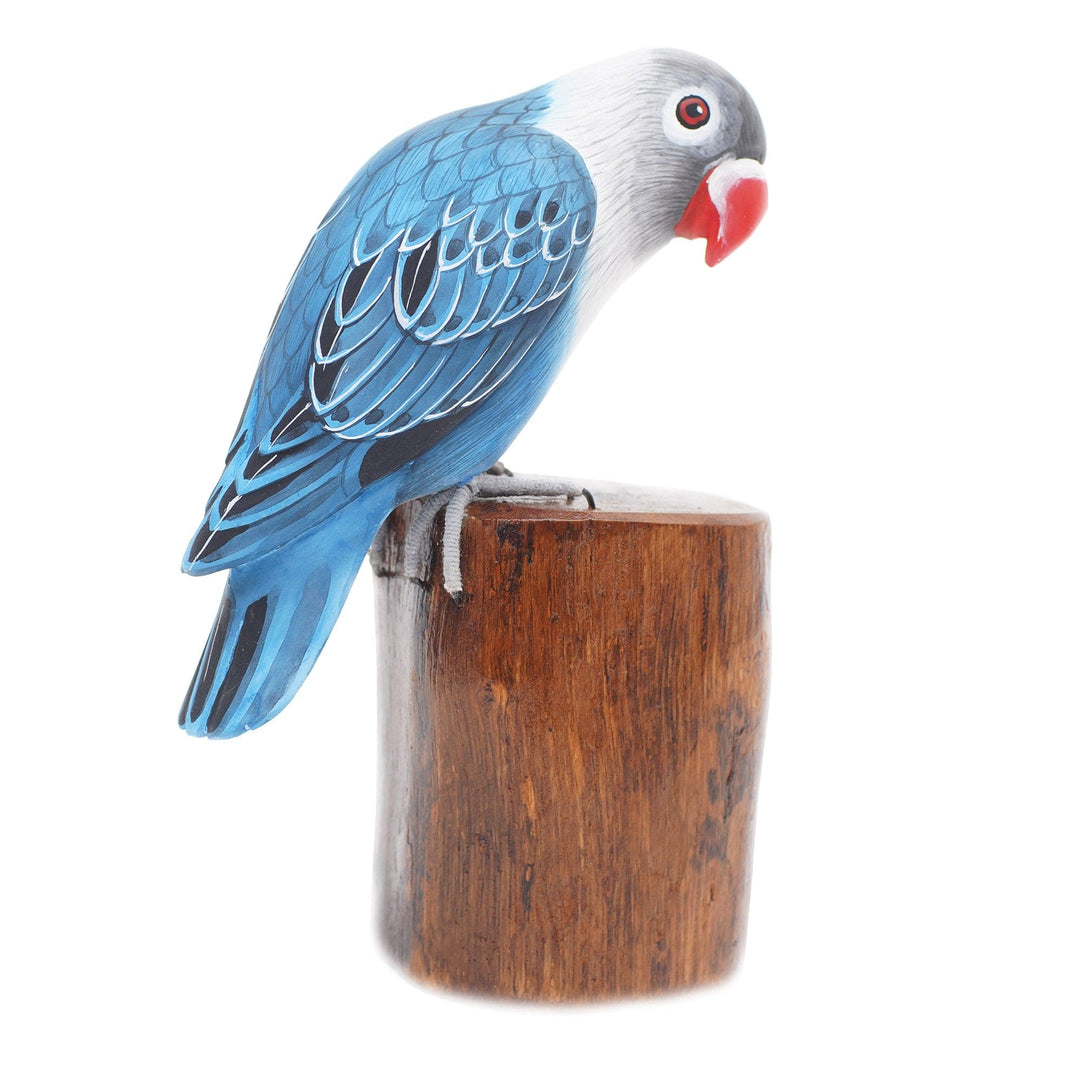 Handcrafted Suar Wood Blue Bird Sculpture with Wooden Base - Blue Lovebird