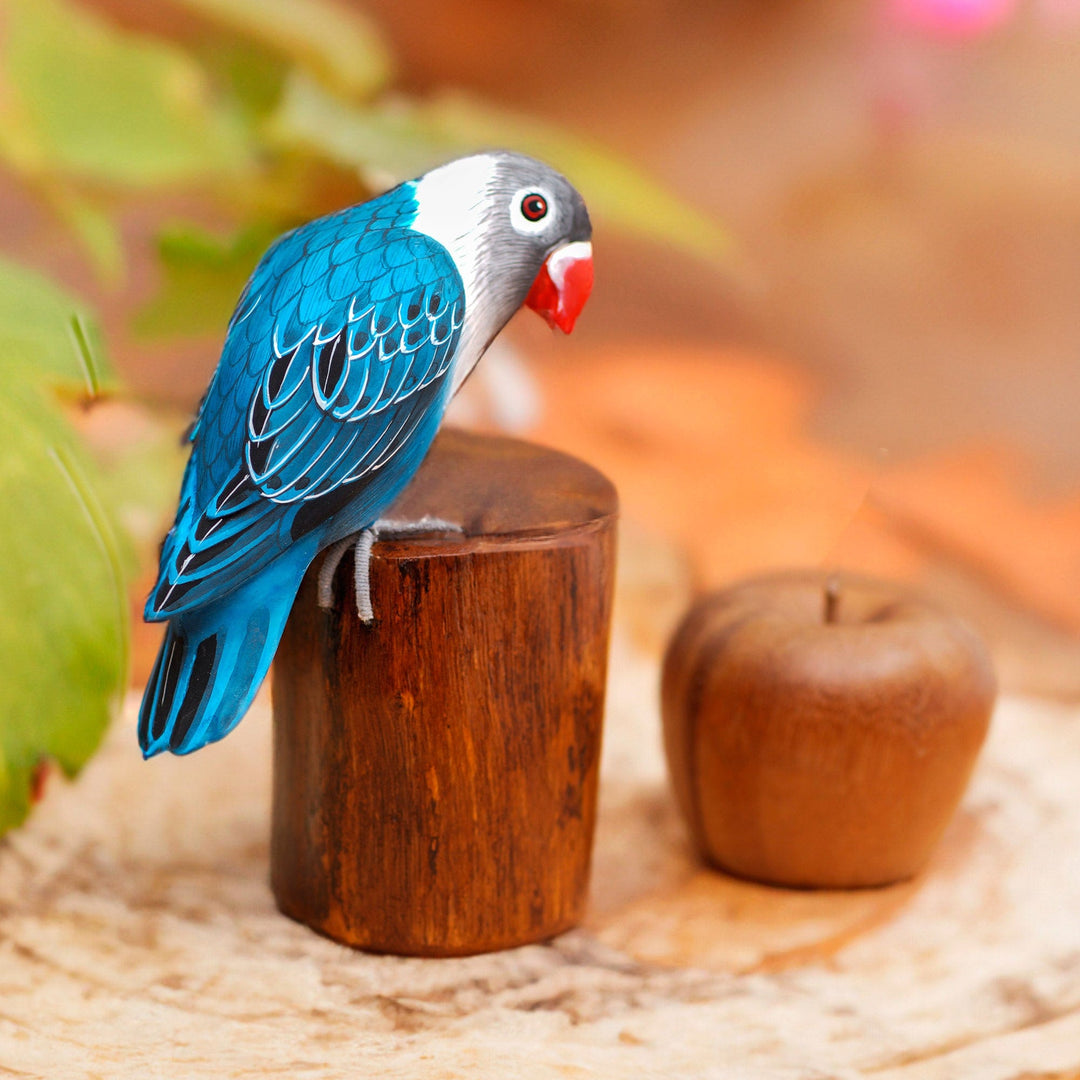 Handcrafted Suar Wood Blue Bird Sculpture with Wooden Base - Blue Lovebird