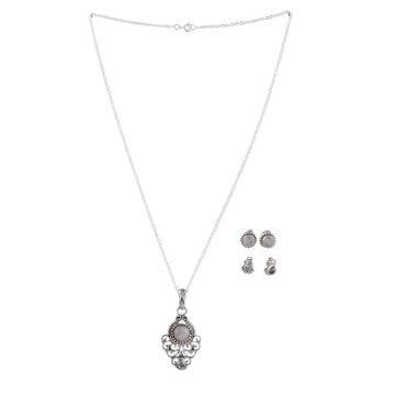 Silver Rainbow Moonstone Blue Topaz Necklace & Earrings Set - Iridescent Blend