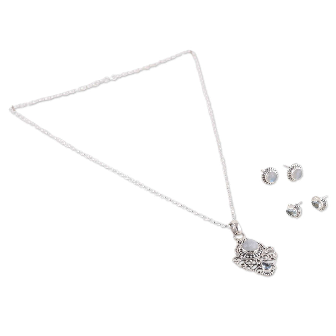 Silver Rainbow Moonstone Blue Topaz Necklace & Earrings Set - Iridescent Blend