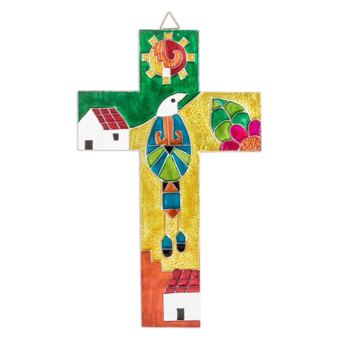 Hand-Painted Classic Folk Art Pinewood and Aluminum Cross - Peace for the Planet