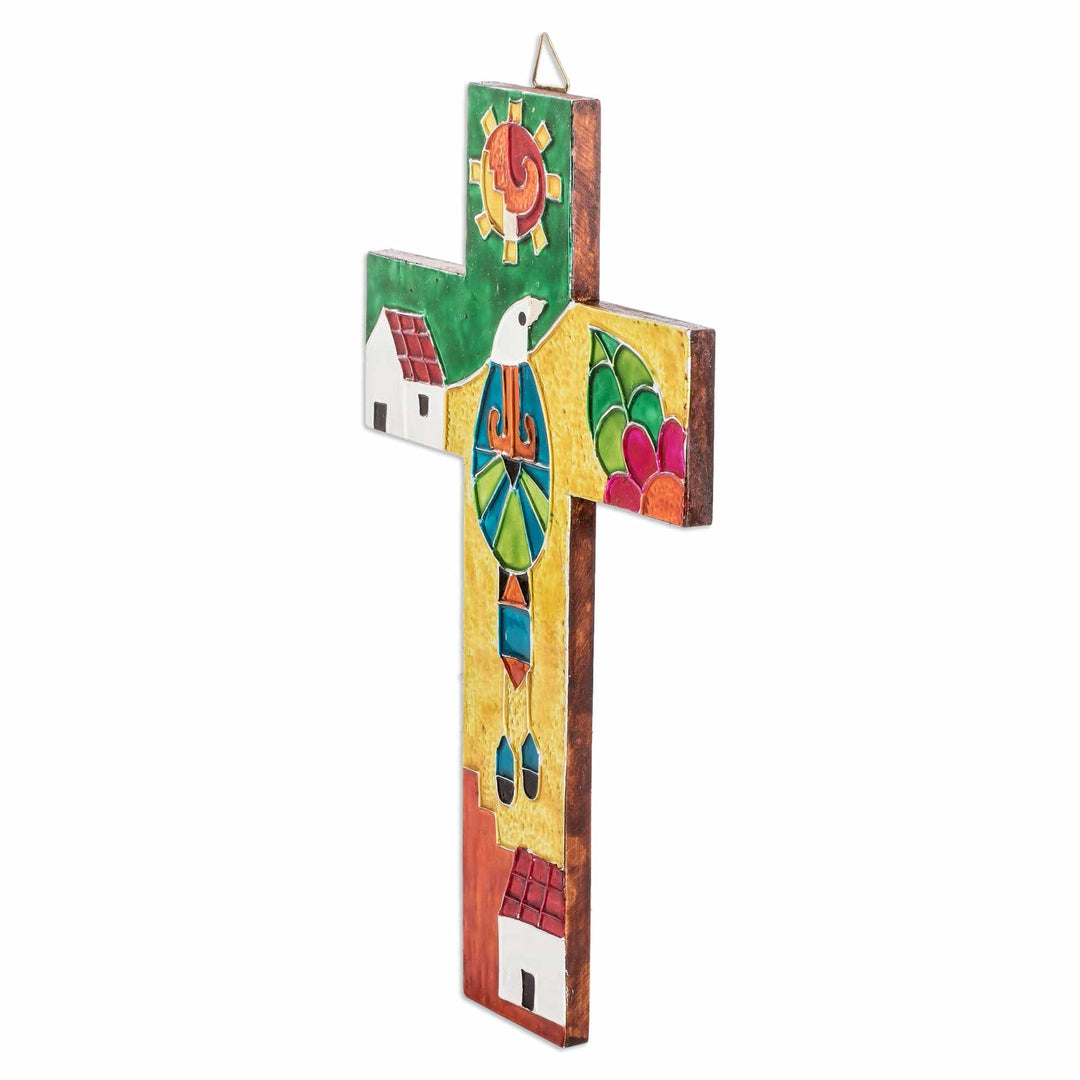 Hand-Painted Classic Folk Art Pinewood and Aluminum Cross - Peace for the Planet