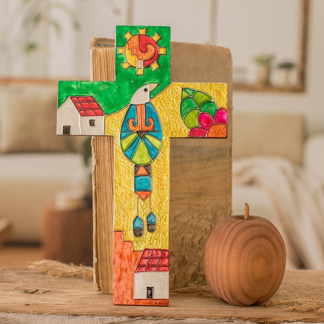 Hand-Painted Classic Folk Art Pinewood and Aluminum Cross - Peace for the Planet