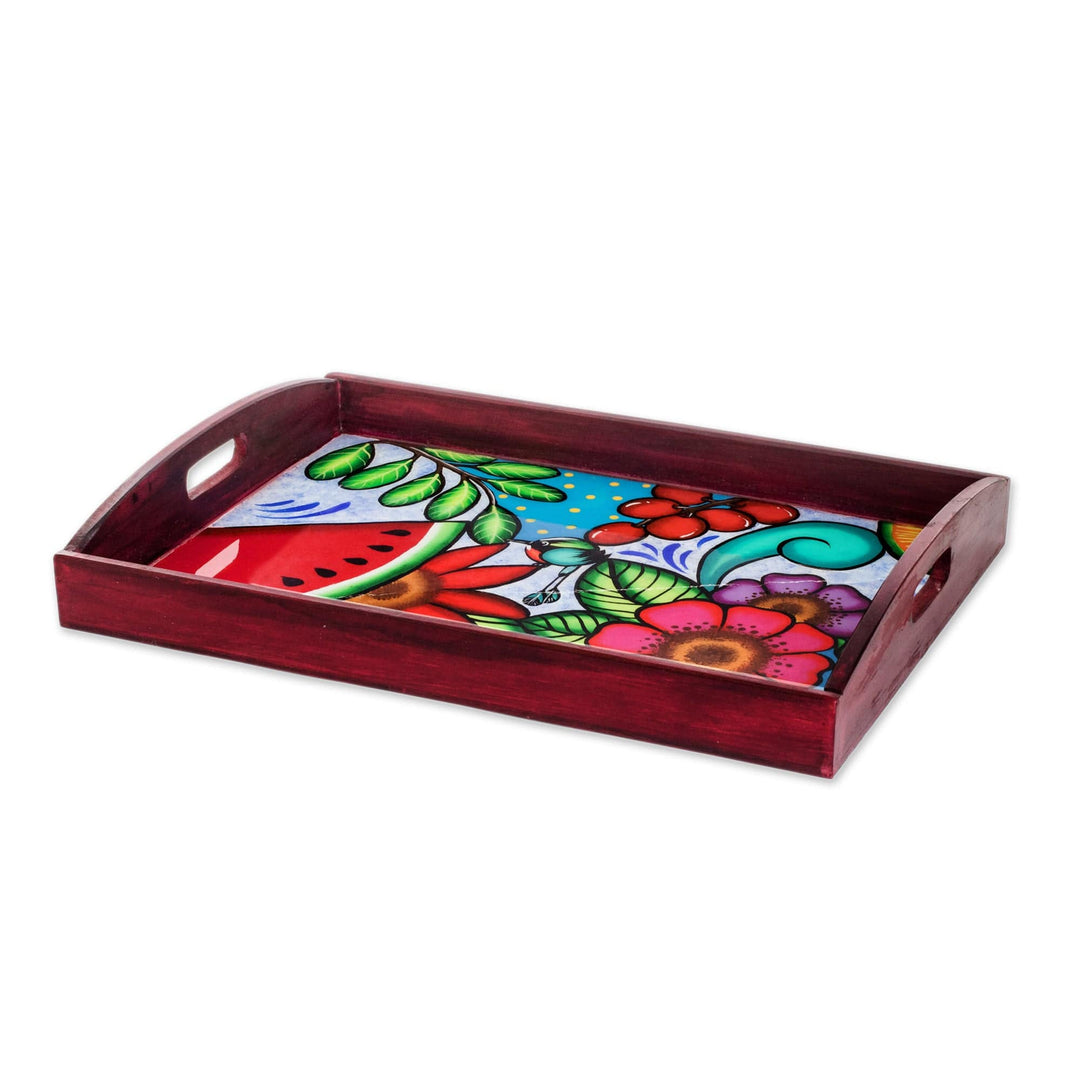 Hand-Painted Tropical Bird-Themed Red Pinewood Tray - The Motmot's Spring