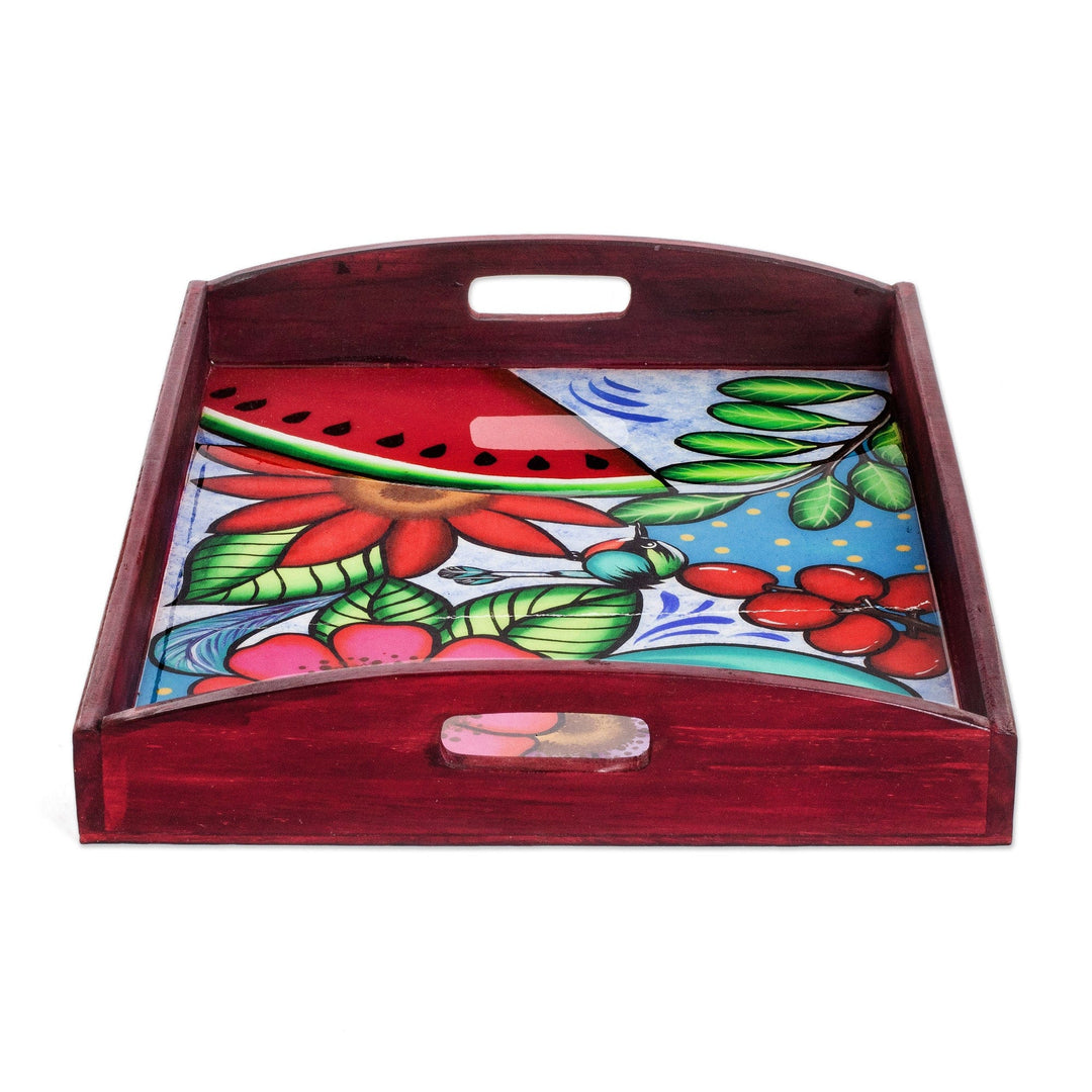 Hand-Painted Tropical Bird-Themed Red Pinewood Tray - The Motmot's Spring