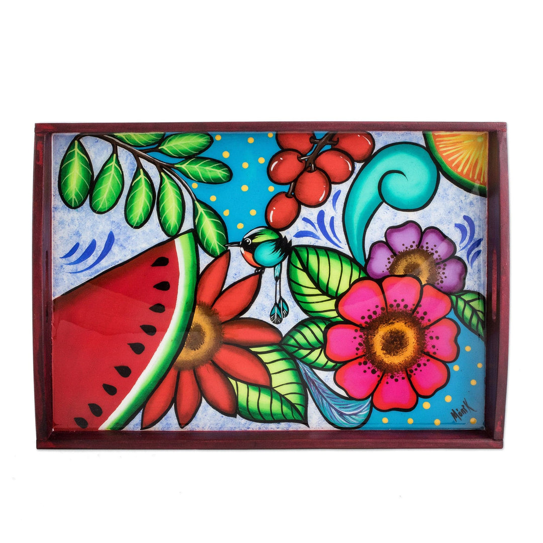 Hand-Painted Tropical Bird-Themed Red Pinewood Tray - The Motmot's Spring