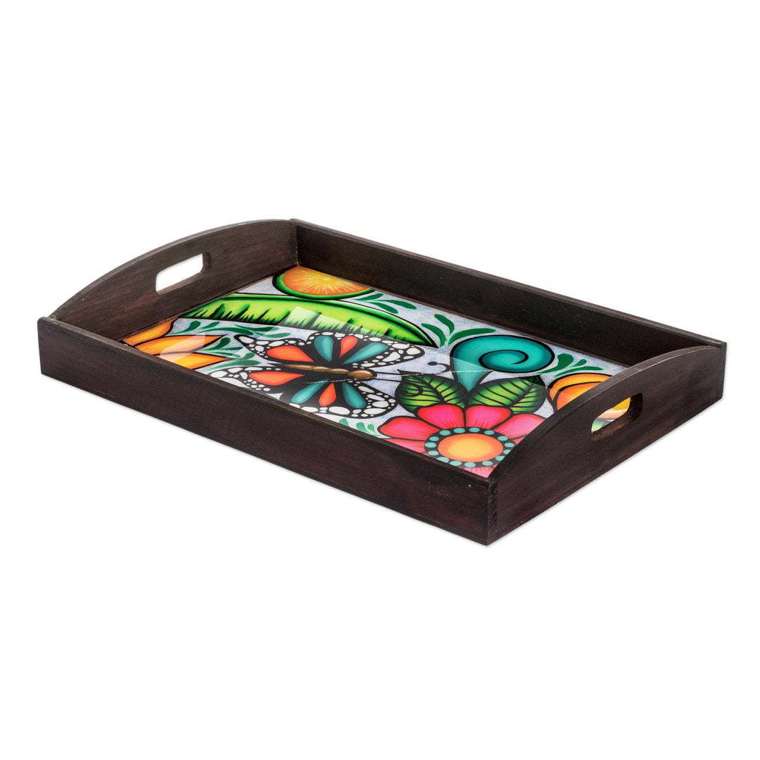 Hand-Painted Tropical Butterfly-Themed Brown Pinewood Tray - The Butterfly's Spring