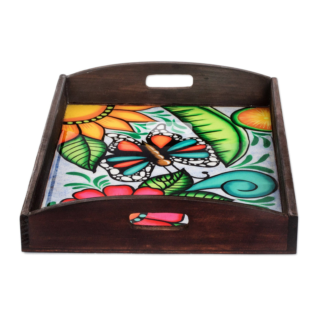 Hand-Painted Tropical Butterfly-Themed Brown Pinewood Tray - The Butterfly's Spring