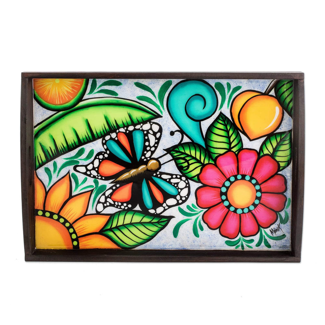 Hand-Painted Tropical Butterfly-Themed Brown Pinewood Tray - The Butterfly's Spring