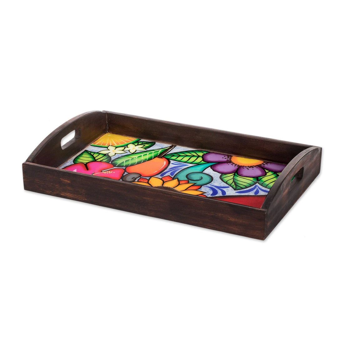 Hand-Painted Tropical Floral Brown Pinewood Tray - El Salvador's Spring
