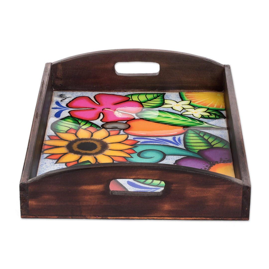 Hand-Painted Tropical Floral Brown Pinewood Tray - El Salvador's Spring