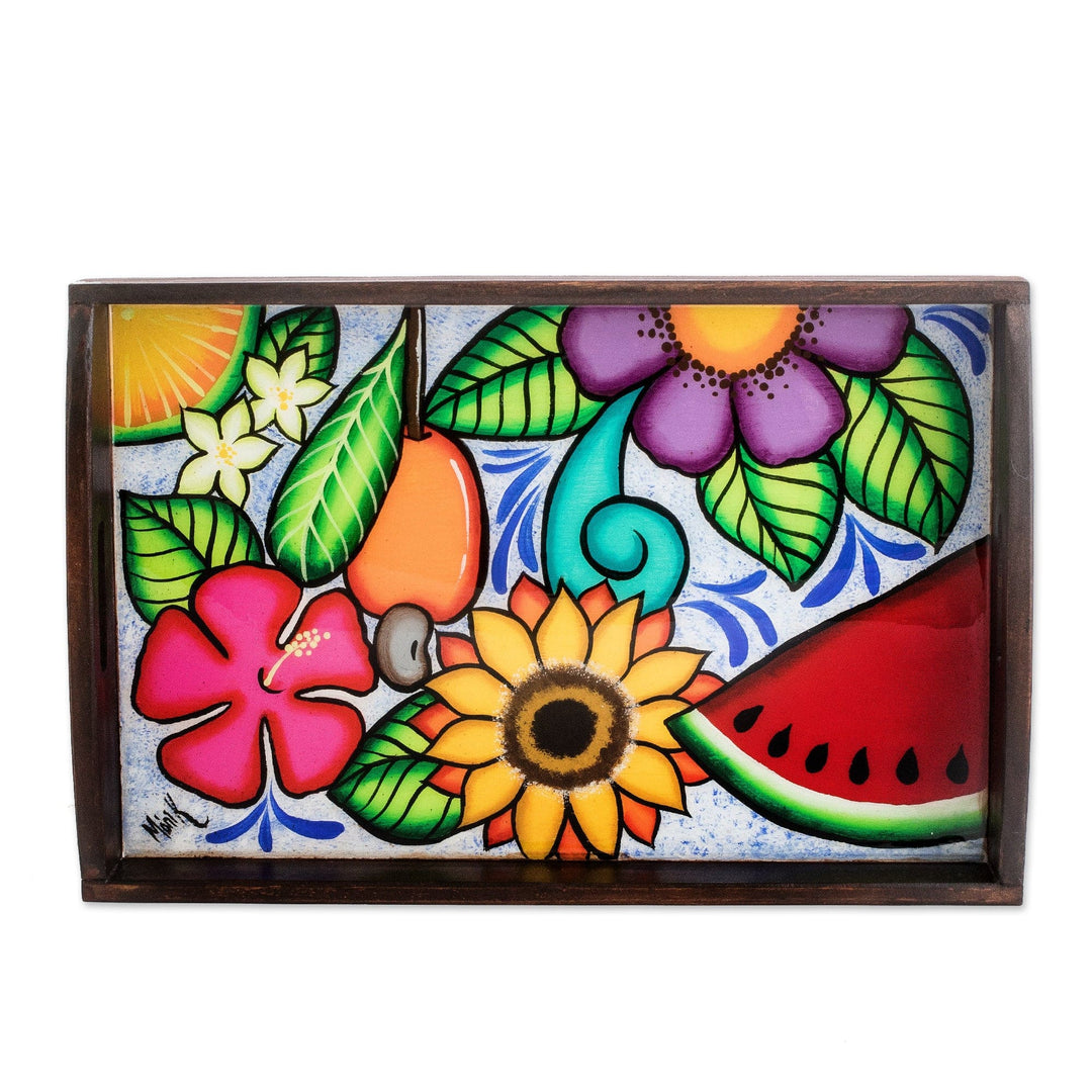 Hand-Painted Tropical Floral Brown Pinewood Tray - El Salvador's Spring