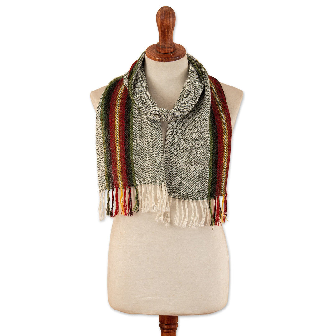 Hand-Woven 100% Alpaca Scarf with Red Green & Yellow Stripes - Cherries